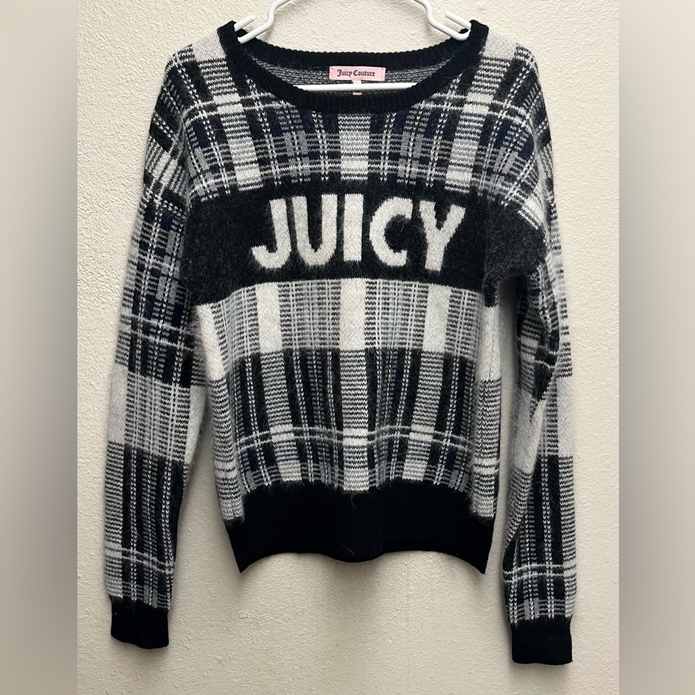 Juicy Couture Sweater Wool Fur Bac Black & White Plaid Size Large EUC